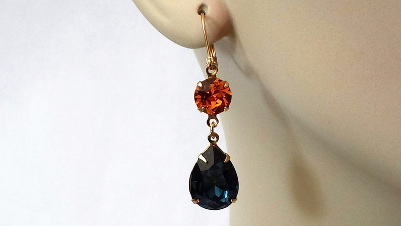 Dark Sapphire and Tangerine Earrings, Dark Sapphire Earrings, Bridesmaid Jewelry, Navy and Orange Teardrop Earrings, Double Drop Earrings image 8