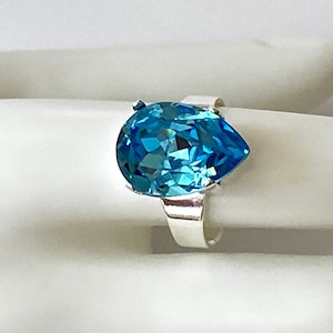 Aquamarine Crystal Ring, Crystal Rhinestone Ring, Crystal Teardrop Ring, Wedding Jewelry, Cocktail Ring, Adjustable Band Ring