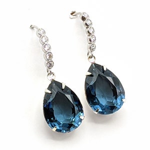 Dark Sapphire Teardrop Crystal Earrings: Silver Rhinestone Jewelry