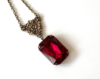 Ruby Rhinestone Necklace: Art Deco Vintage-Inspired Brass Pendant, Large, Gift, ArtistInJewelry