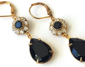 Schwarze Kristalltropfen Ohrringe, Vintage Strass, Art Deco Stil, Schwarz und Gold