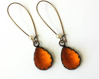 Golden Topaz Drop Earrings: Vintage Frosted Glass, Antique Brass, Gift, Drop, ArtistInJewelry