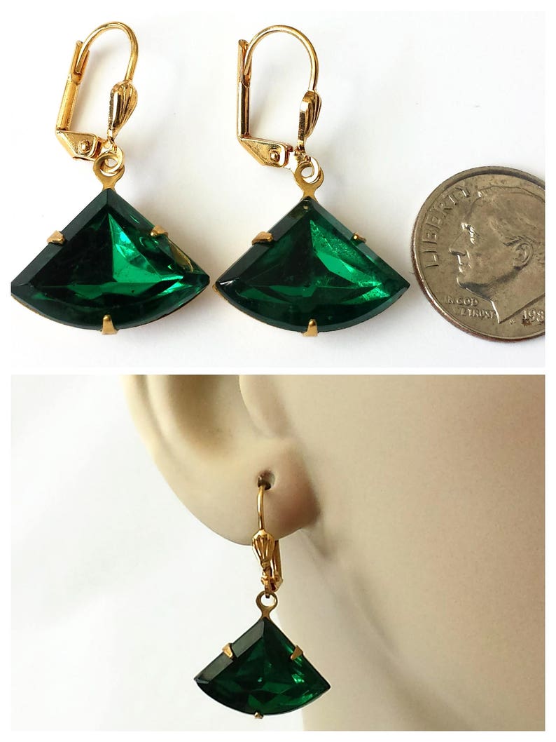 Vintage Emerald Earrings, Green Drop Earrings, Art Deco Earrings, Gold Earrings, Holiday Gifts, Emerald Green Earrings, Gifts for Her image 4