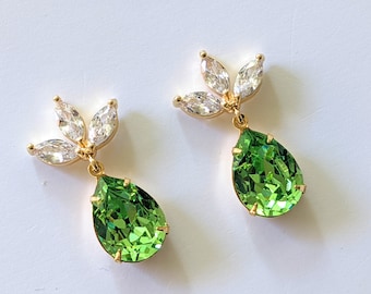 Peridot Crystal Post Earrings, Green Rhinestone Earrings, Bridesmaid Jewelry Gifts, Crystal Post Earrings, Peridot Drop Earrings, Prom