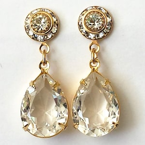 Crystal Gold Drop Earrings, Clear Crystal Earrings, Crystal Post Earrings, Prom Earrings, Wedding Bridal Earrings, Holiday Crystal Jewelry