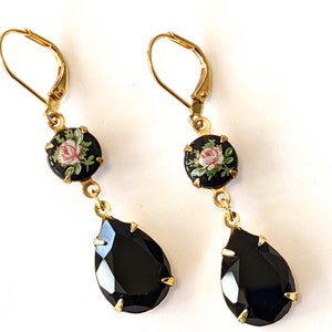 Black Crystal Drop Earrings, Crystal Rhinestone Earrings, Black and Gold Drop Earrings, Romantic Earrings, Art Deco Earrings, Jewelry Gift