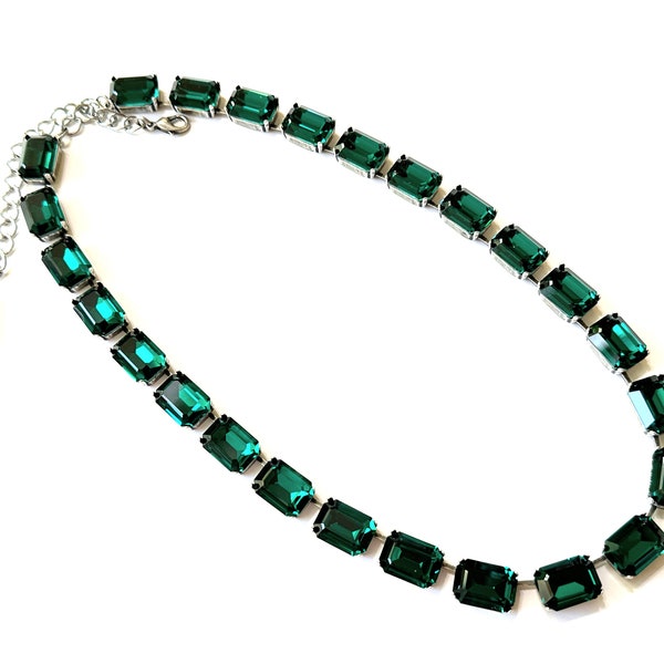 Limited Statement Emerald Crystal Necklace, Anna Wintour Style Jewelry, Elegant Emerald Necklace, Gift for Her, 25 Cups 14x10 Octagon Choker