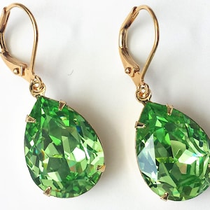 Peridot Crystal Earrings, Crystal Teardrop Jewelry, Bridesmaids Gift, Peridot Rhinestone Earrings, Anniversary Gift, Jewelry Gift