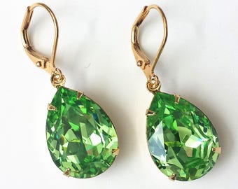 Peridot Crystal Earrings, Crystal Teardrop Jewelry, Bridesmaids Gift, Peridot Rhinestone Earrings, Anniversary Gift, Jewelry Gift