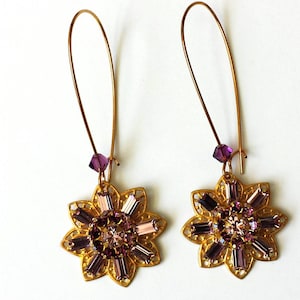 Amethyst Crystal Earrings, Purple Crystal Earrings, Amethyst Rhinestone Earrings, Art Deco Earrings, Gold Dangle Earrings, Jewelry Gifts