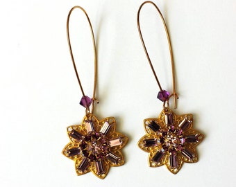 Amethyst Crystal Earrings, Purple Crystal Earrings, Amethyst Rhinestone Earrings, Art Deco Earrings, Gold Dangle Earrings, Jewelry Gifts