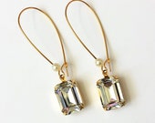 Crystal Octagon Earrings, Clear Crystal Earrings, Wedding Bridal Jewelry, Gold Dangle Earrings, Small Emerald Cut Rhinestone Earrings