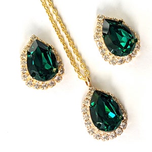 Set di gioielli in cristallo verde smeraldo: collana e orecchini con alone dorato, anniversario, matrimonio, ArtistInJewelry