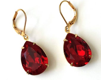 Red Teardrop Crystal Earrings: Gold Plated Bridesmaid Jewelry, Anniversary, ArtistInJewelry