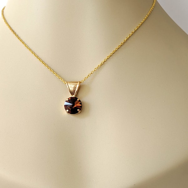 Dark Topaz Crystal Necklace, Crystal Rhinestone Pendant, Layering Necklace Choker, Smokey Topaz Jewelry, Gifts for Her, Holiday Gifts