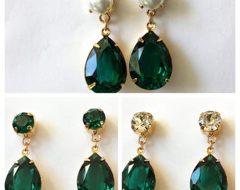 Emerald Crystal Drop Earrings, Crystal Teardrop Earrings, Pearl and Emerald Earrings, Elegant Post Earrings, Bridesmaids Jewelry Gifts