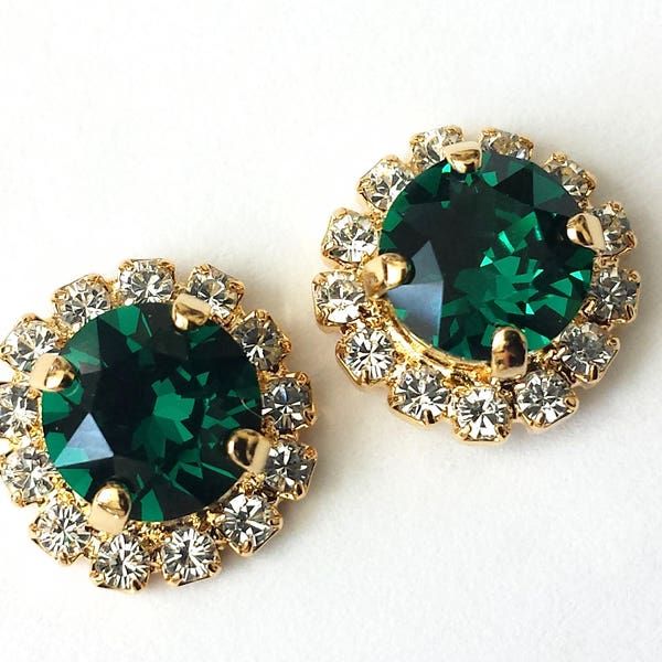 Emerald Halo Earrings, Emerald Green Stud Earrings, Bridesmaids Gifts, 8mm Gold Post Earrings, Elegant Emerald Earrings, Jewelry Gift