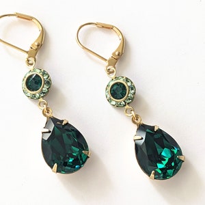 Emerald and Chrysolite Earrings, Green Crystal Drop Earrings, Emerald Rhinestone Earrings, Christmas Holiday Gifts, Art Deco Earrings