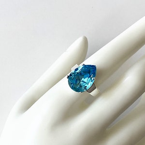 Aquamarine Crystal Ring, Crystal Rhinestone Ring, Crystal Teardrop Ring, Wedding Jewelry, Cocktail Ring, Adjustable Band Ring image 3