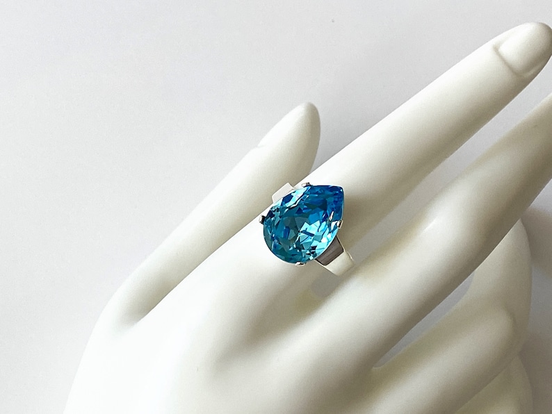 Aquamarine Crystal Ring, Crystal Rhinestone Ring, Crystal Teardrop Ring, Wedding Jewelry, Cocktail Ring, Adjustable Band Ring image 3