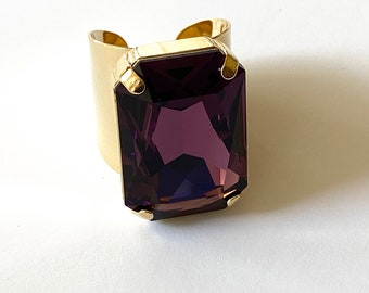 Gorgeous Large Statement Ring, Amethyst Octagon Ring, Crystal Ring, Large Cocktail Ring, Adjustable Band Ring, Huge Purple Gold Ring