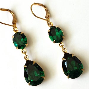 Emerald Double Drop Earrings, Emerald Crystal Earrings Bridesmaid Jewelry, Green and Gold Drop Earrings, Wedding Bridal Earrings