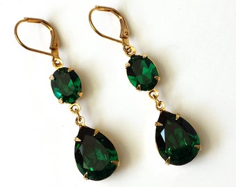 Emerald Double Drop Earrings, Emerald Crystal Earrings Bridesmaid Jewelry, Green and Gold Drop Earrings, Wedding Bridal Earrings