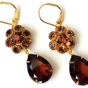 Smoky Topaz Teardrop Crystal Earrings: Vintage Rhinestone Tear Drop Jewelry, Dark Brown Gifts