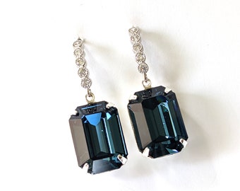 Elegant Dark Sapphire Earrings, Sapphire Crystal Earrings, Wedding Bridal Jewelry, Dark Sapphire Earrings, Fancy Ear Wires, Gifts for Her