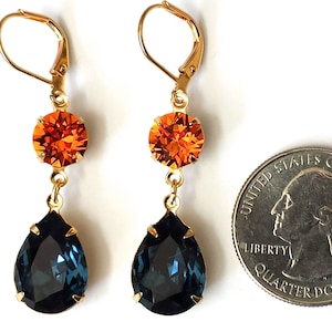 Dark Sapphire and Tangerine Earrings, Dark Sapphire Earrings, Bridesmaid Jewelry, Navy and Orange Teardrop Earrings, Double Drop Earrings image 7