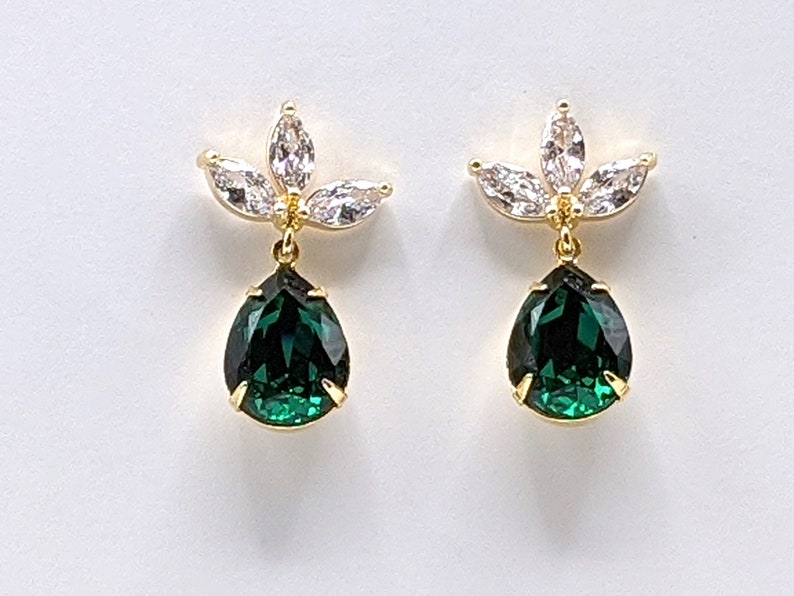 Emerald Crystal Post Earrings Emerald Green Earrings Bridesmaid Jewelry Gifts Crystal Post Earrings Emerald Drop Earrings Prom Earrings image 7