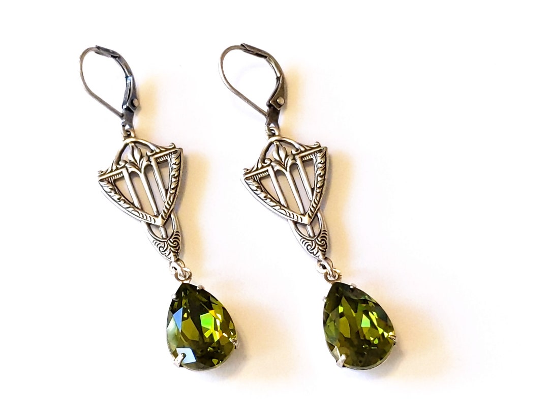 Olivine Crystal Teardrop Earrings Art Deco Earrings Vintage - Etsy