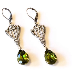 Olivine Crystal Teardrop Earrings, Art Deco Earrings, Vintage Inspired Jewelry, Green Antique Silver Earrings, Holiday Christmas Gifts
