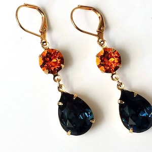 Dark Sapphire and Tangerine Earrings, Dark Sapphire Earrings, Bridesmaid Jewelry, Navy and Orange Teardrop Earrings, Double Drop Earrings image 5