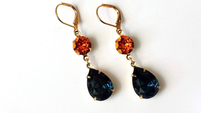 Dark Sapphire and Tangerine Earrings, Dark Sapphire Earrings, Bridesmaid Jewelry, Navy and Orange Teardrop Earrings, Double Drop Earrings image 5