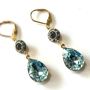 Aquamarine Crystal Earrings, Crystal Drop Earrings,  Aqua and Tanzanite Earrings, Art Deco Earrings, Blue and Purple Earrings, Gifts for Her