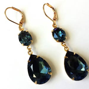 Dark Sapphire Crystal Earrings Double Drop Earrings Wedding - Etsy