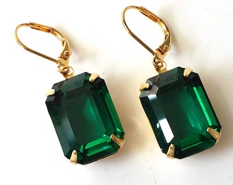 Emerald Crystal Earrings, Emerald Octagon Earrings, Bridesmaids Gift, Anniversary Gift, Prom Jewelry,  Emerald Earrings, Jewelry gifts