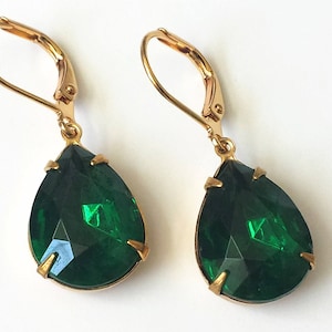 Emerald Rhinestone Earrings Emerald Green Teardrop Earrings Wedding Jewelry Bridesmaids Jewelry Green and Gold Drop Earrings Green Earrings