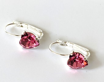 Vintage Rose Heart Crystal Earrings: Pink Rhinestone Lever Back Valentine Jewelry, 8mm, Sweetheart