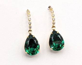 Emerald Crystal Earrings, Elegant Crystal Teardrop Earrings, Bridesmaids Jewelry Gifts, Small Emerald Earrings, Christmas Jewelry