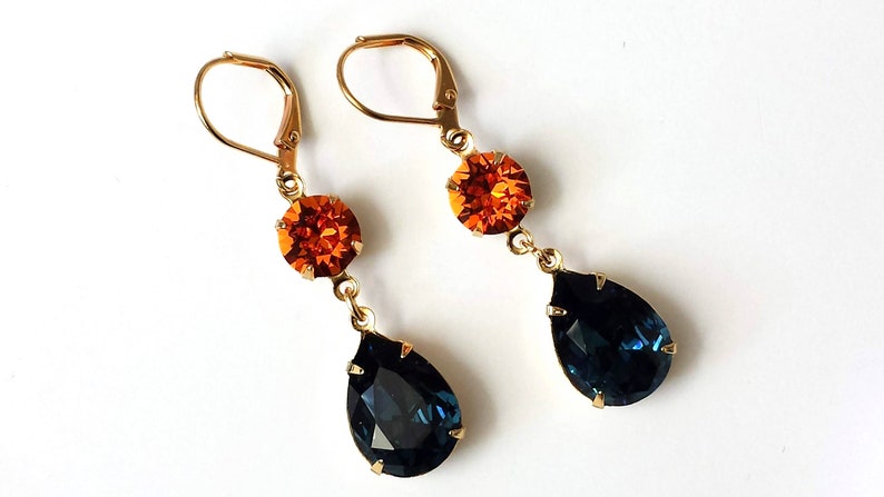 Dark Sapphire and Tangerine Earrings, Dark Sapphire Earrings, Bridesmaid Jewelry, Navy and Orange Teardrop Earrings, Double Drop Earrings image 4