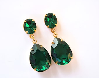 Emerald Crystal Earrings, Emerald Teardrop Earrings, Bridesmaid Gift, Double Drop Post Earrings, Prom Earrings, Wedding Bridal Jewelry