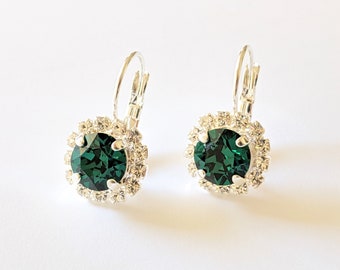 Emerald Crystal Halo Earrings, Elegant Emerald Earrings, Bridesmaids Gifts, Wedding Bridal Jewelry, Choose Your Color, Christmas Gifts