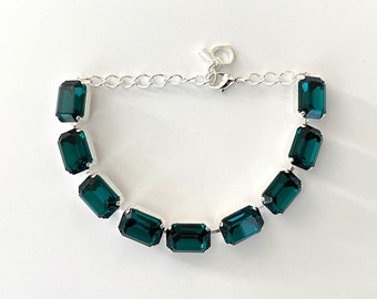 Elegant Crystal Bracelet, Emerald Crystal Bracelet, Emerald Octagon Tennis Bracelet, May Birthstone Jewelry, Silver Octagon Bracelet