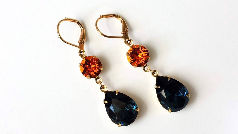 Dark Sapphire and Tangerine Earrings, Dark Sapphire Earrings, Bridesmaid Jewelry, Navy and Orange Teardrop Earrings, Double Drop Earrings image 3