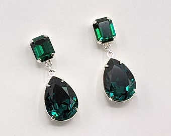 Emerald Crystal Earrings, Bridesmaid Jewelry Gifts, Emerald Green Earrings, Double Drop Post Earrings, Silver Teardrop Prom Earrings