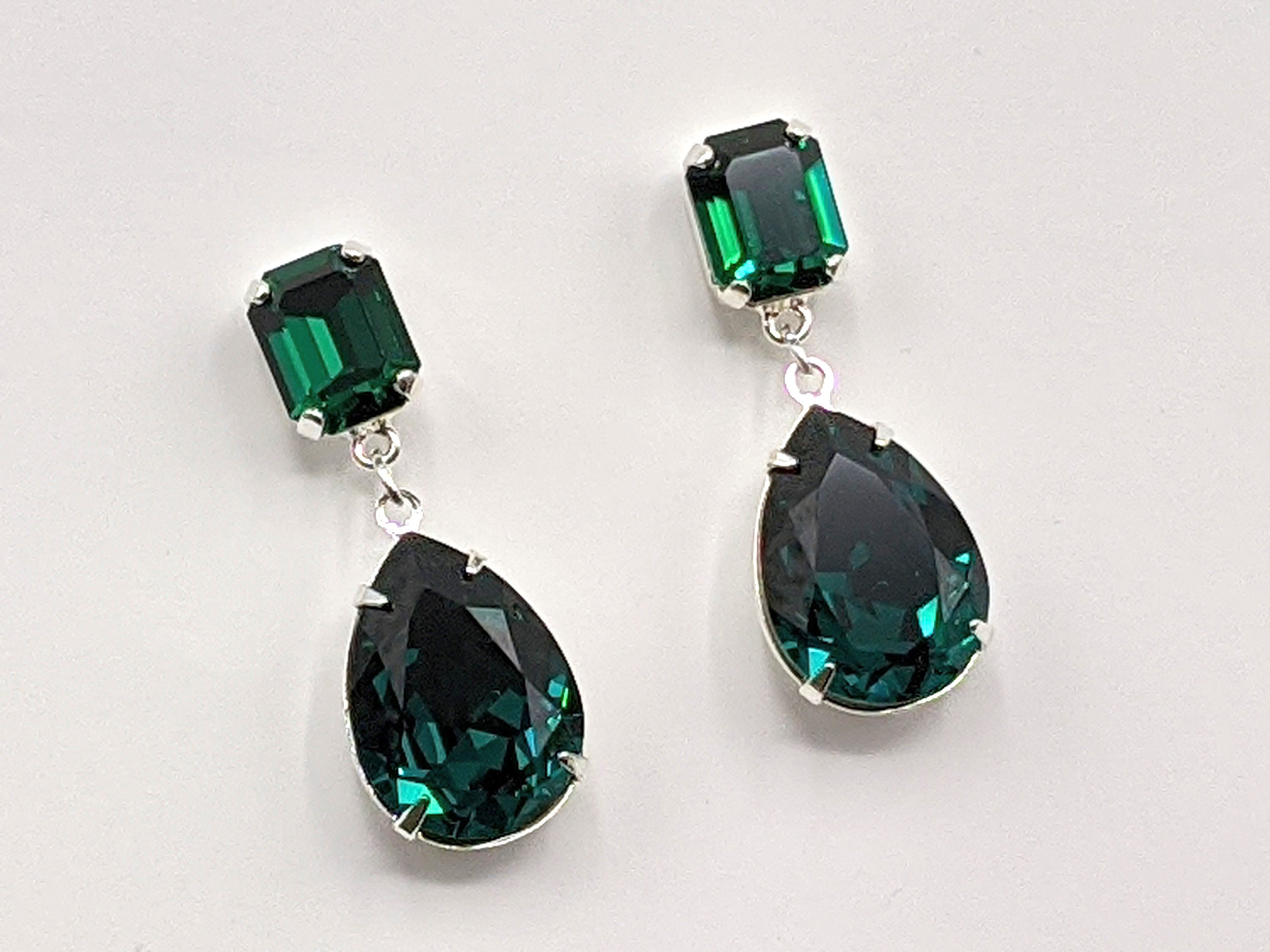 Emerald Crystal Earrings, Bridesmaid Jewelry Gifts, Emerald Green Earrings, Double Drop Post Earrings, Silver Teardrop Prom Earrings