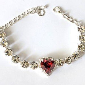 Elegant Red Magma Bracelet, Red Magma Tennis Bracelet, Valentine Jewelry Gifts, Crystal Heart Bracelet, Silver Crystal Bracelet