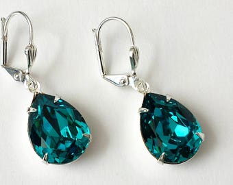 Blue Zircon Crystal Earrings, Crystal Teardrop Earrings, Teal Rhinestone Earrings, Bridesmaids Gift, Blue Zircon Drop Earrings, Gift for Her